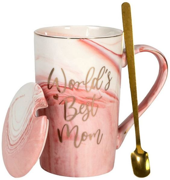Intirilife Tasse, 1-tlg, Porzellan, Kaffee Tee Tasse mit Deckel Muttertags Geschenk World's Best Mom 280ml