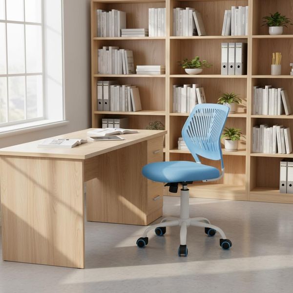 FurnitureR Schulstuhl ergonomischer Drehstuhl ohne Armlehnen, höhenverstellbar, Netzrückenlehne, Sitz 38x40 cm, 32cm Rückenlehne, Metallfuß mit Rollen, 130kg Tragkraft, Blau