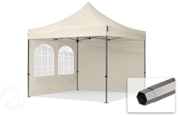 3x3 m Faltpavillon, PREMIUM Stahl 40mm, Seitenteile mit Sprossenfenstern, creme