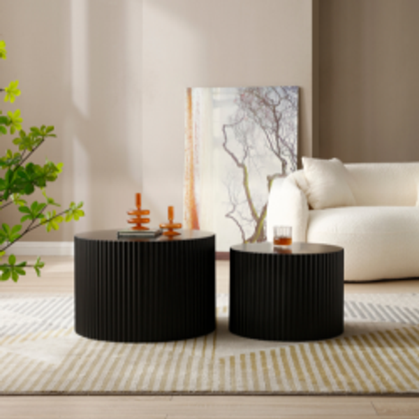 Couchtisch 2er-Set rund, 60 x 60 x H 40 / 48 x 48 x H 35 cm, MDF in Schwarz, platzsparend nestbar
