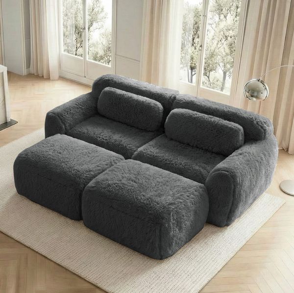 Sofa mit 2 Ottomans, 204cm×179cm×73cm, modular und montagefrei – weicher Plüsch in Grau