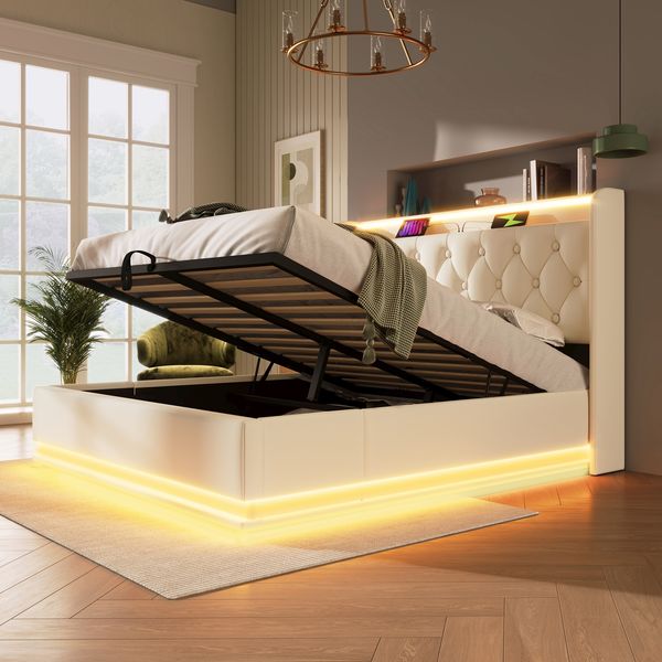 Polsterbett 140×200 cm aus Kunstleder mit LED-Beleuchtung und USB-C-Anschluss, weiß