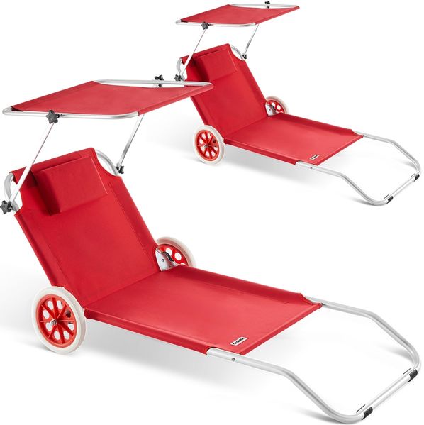 CASARIA® 2x Sonnenliege Klappbar mit Rädern & Sonnendach Rot
