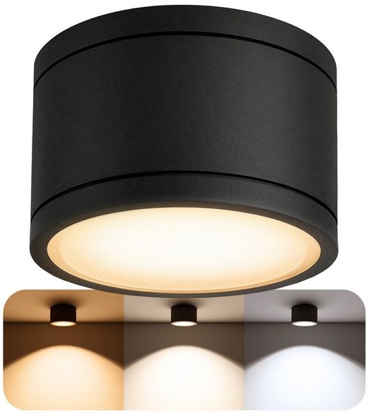 SSC-LUXon LED Außen-Deckenleuchte CELI-WX LED Aufbauspot schwarz IP44 flach 3 Lichtfarben 230V Spot, Neutralweiß, Warmweiß, Tageslichtweiß