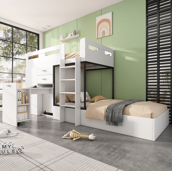 Etagenbett aus MDF mit ausziehbarem Schreibtisch, Schrank & Schubladen, 90x200 cm, Weiß/Schwarz, ohne Matratze