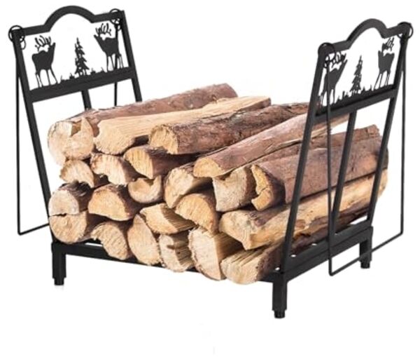 Todeco Faltbarer Kaminholzregal Metall, 38x32x40 cm, Elch-Motiv Brennholzregal, Kamin-Brennholzständer mit praktischem Griff für Innen und Außen