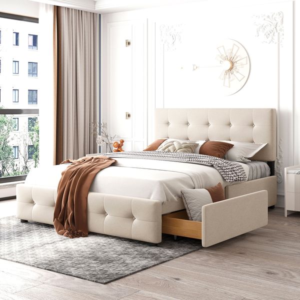 Polsterbett 140×200 cm mit 4 Schubladen, Lattenrost, Samtbezug, Beige, ohne Matratze