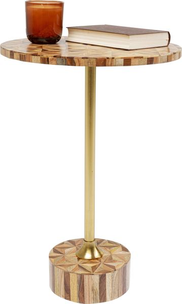 Kare Design Beistelltisch Domero Geo, Gold/Braun, Durchmesser 40 cm, Handgearbeitet, Couchtisch, Rund, Stahlgestell, Intarsien-Muster, Modern, Wohnzimmer