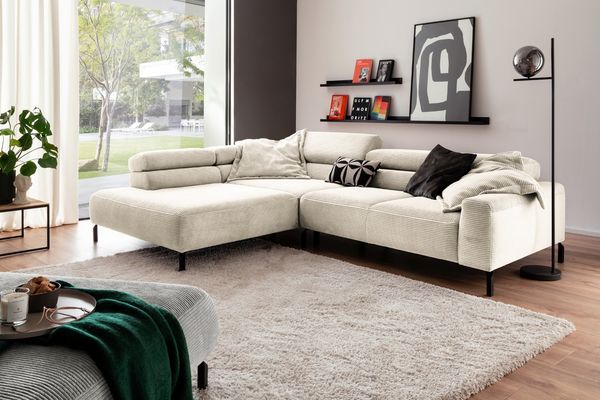KAWOLA Sofa DELIA Ecksofa XL Cord cremeweiß mit motorischem Sitzvorzug Recamiere links 74 x 219 x 312 cm