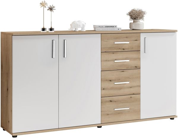Sideboard >BC 1040< 3 Türen, 4 Schubladen, eiche rustica Dekor/ weiß - 160x84x35cm (BxHxT)