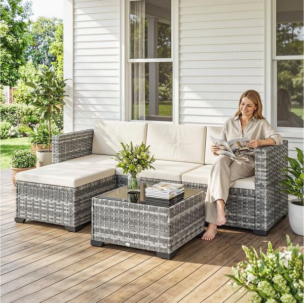 Outsunny Gartenlounge-Set mit Ecksofa, Hocker, Tisch, Sitz- & Rückenkissen, (Sitzgruppe, 5-tlg, Gartenmöbel Set), bis 4 Personen