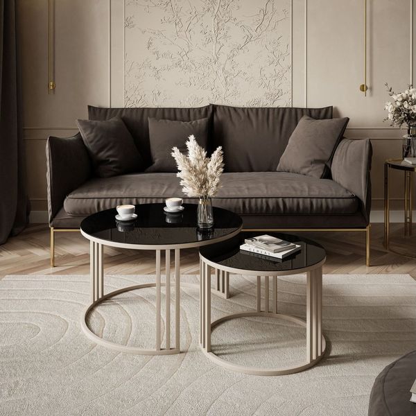 Lookway Couchtisch LORI 2in1 GLASS, runder Couchtisch mit kaschmirfarbenem Gestell (2er Set), Durchmesser: ⌀70 cm und ⌀50 cm