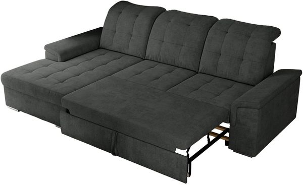 L-förmige Ecksofa mit gesteppter Sitzfläche und Rückenlehne, verstellbare Rückenkissen, Schlaffunktion und Bettkasten - MADRITO - Dunkelgrau Stoff - linke Seite Bild 7