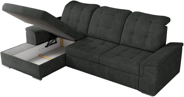 L-förmige Ecksofa mit gesteppter Sitzfläche und Rückenlehne, verstellbare Rückenkissen, Schlaffunktion und Bettkasten - MADRITO - Dunkelgrau Stoff - linke Seite Bild 6
