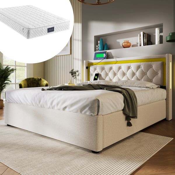 Polsterbett mit LED, Stauraum, USB-Anschluss & Matratze, 160x200 cm, Hellbeige