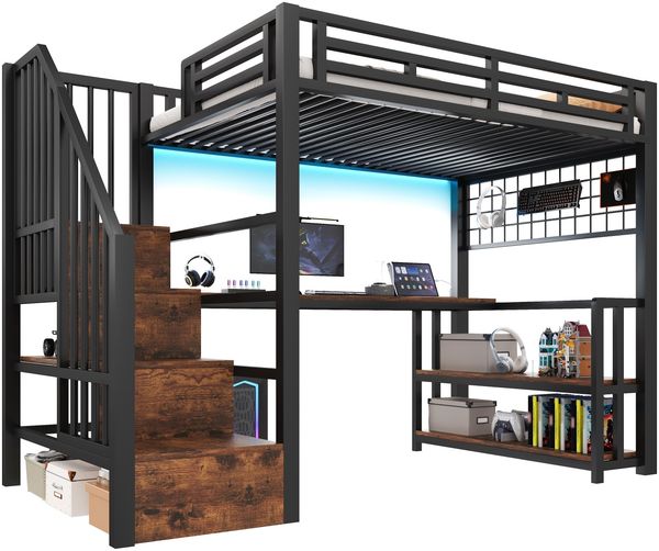 Hochbett 90x200 cm mit Eisenrahmen, Lagerregal, Hängegitter, LED-Lichtleiste, Schreibtisch, Treppe mit Stauraum, 2 USB-Anschlüsse + Typ-C-Buchse, ohne Matratze, Schwarz