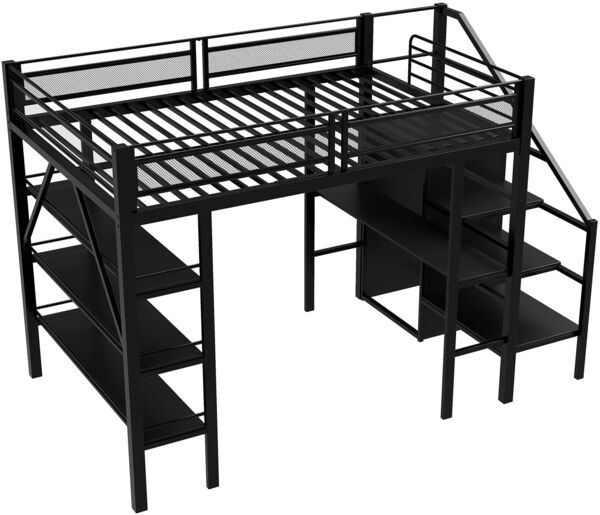 Merax Hochbett 140*200cm, dreilagiges Ablageregal, Schreibtisch, Kleiderschrank, Sicherheitsstufen mit Ablagefach, hohes Zaundesign, Eisenbett, Einzelbett, Schwarz Bild 9