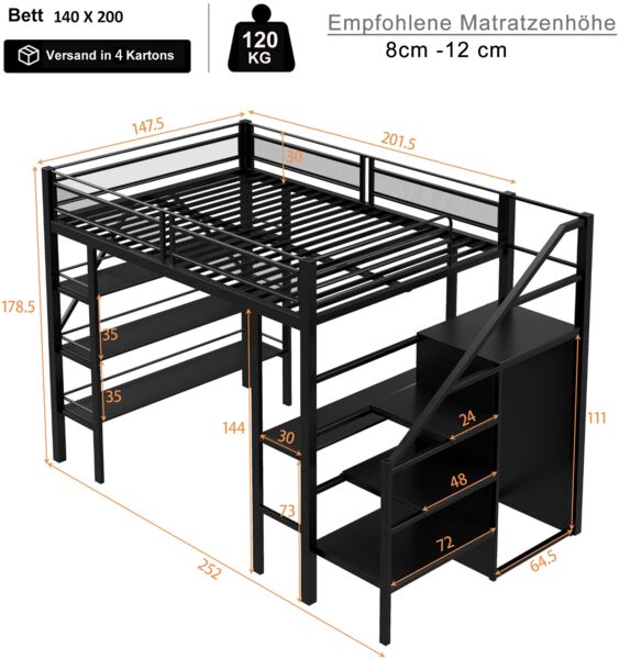 Merax Hochbett 140*200cm, dreilagiges Ablageregal, Schreibtisch, Kleiderschrank, Sicherheitsstufen mit Ablagefach, hohes Zaundesign, Eisenbett, Einzelbett, Schwarz Bild 4