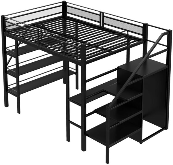 Merax Hochbett 140*200cm, dreilagiges Ablageregal, Schreibtisch, Kleiderschrank, Sicherheitsstufen mit Ablagefach, hohes Zaundesign, Eisenbett, Einzelbett, Schwarz Bild 10