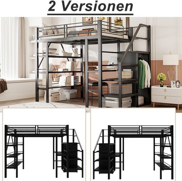 Merax Hochbett 140*200cm, dreilagiges Ablageregal, Schreibtisch, Kleiderschrank, Sicherheitsstufen mit Ablagefach, hohes Zaundesign, Eisenbett, Einzelbett, Schwarz Bild 5