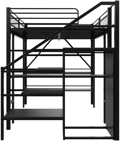 Merax Hochbett 140*200cm, dreilagiges Ablageregal, Schreibtisch, Kleiderschrank, Sicherheitsstufen mit Ablagefach, hohes Zaundesign, Eisenbett, Einzelbett, Schwarz Bild 8
