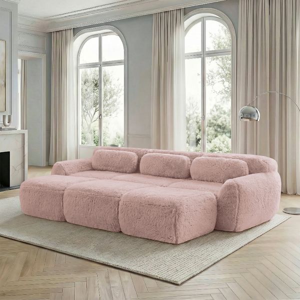 Flieks 3-Sitzer Sofa, Modulares Schlafsofa mit 3 Ottoman & 3 Kissen, rutschfester Boden, Plüsch, Rosa