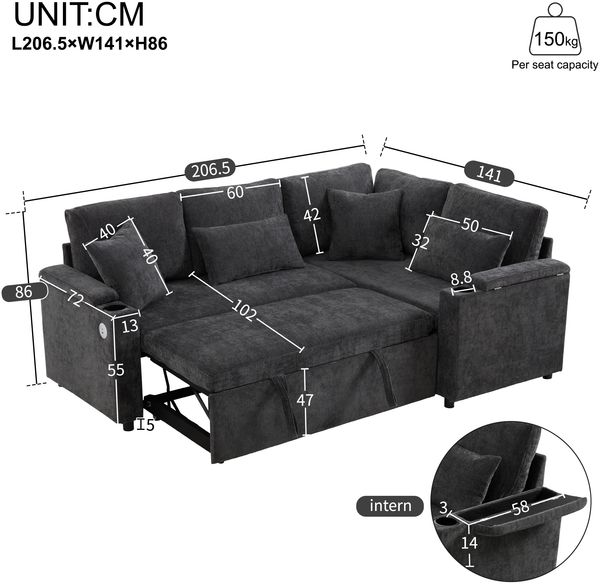 4-Sitzer Ecksofa mit Schlaffunktion, B 206,5 x T 141 x H 86 cm, Chenille in Dunkelgrau Bild 5