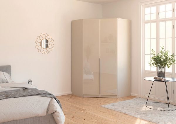 OTTO home Eckkleiderschrank Kleiderschrank Schrank Ankleidezimmer Schlafzimmer Garderobe AGORDO (in zwei Griff-Farben, Breite/Tiefe 117x117 cm, Höhen 210/229 cm) mit Glastüren, voll ausgestattet mit viel Stauraum MADE IN GERMANY