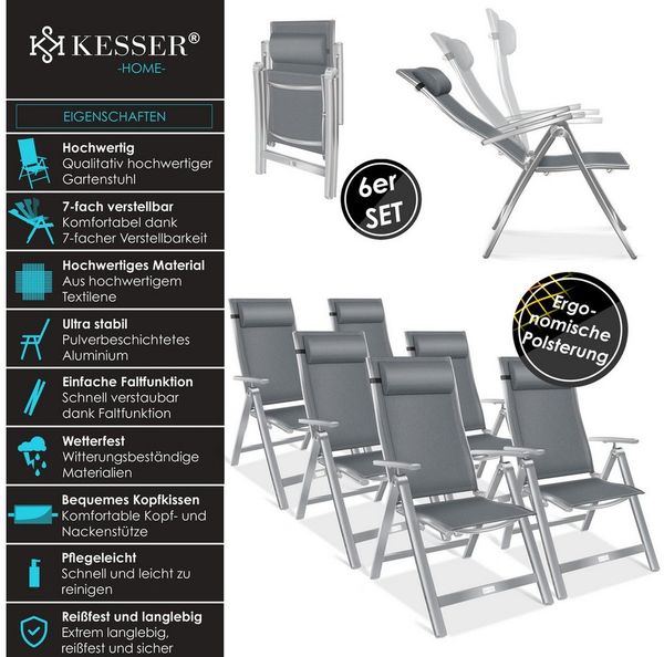 KESSER® Gartenstuhl Hochlehner mit Armlehnen | Aluminium Klappstuhl inkl. Kopfkissen Campingstuhl 7-Fach Verstellbar Rückenlehne | Atmungsaktiv & Wetterfest | Klappbar & Anti-Rutsch Hellgrau, 6 Stück Bild 2