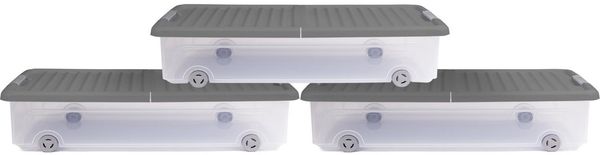ONDIS24 Aufbewahrungsbox Unterbettbox Rollerbox Aufbewahrungsbox 35 W (3 Stück, Grau) (3er Set), Volumen ca. 35 Liter, Maße ca. 74 x 37 x 17 (H) cm, transparent-grau
