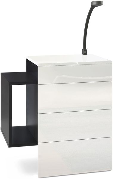 Vladon Nachttisch Queens, Nachttischschrank mit 2 Schubladen und 1 seitlichem Fach zur Wandmontage, Schwarz matt/Weiß Hochglanz, inkl. LED Flexi Lampe schwarz (60 x 63 x 36 cm)