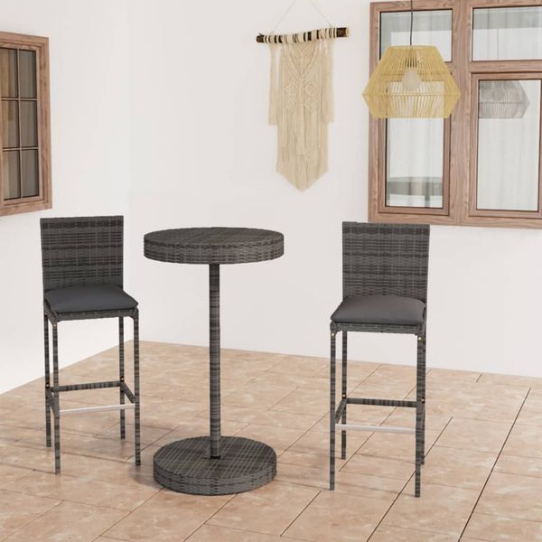 vidaXL 3-tlg. Gartenbar-Set mit Kissen Poly Rattan Grau 3064765