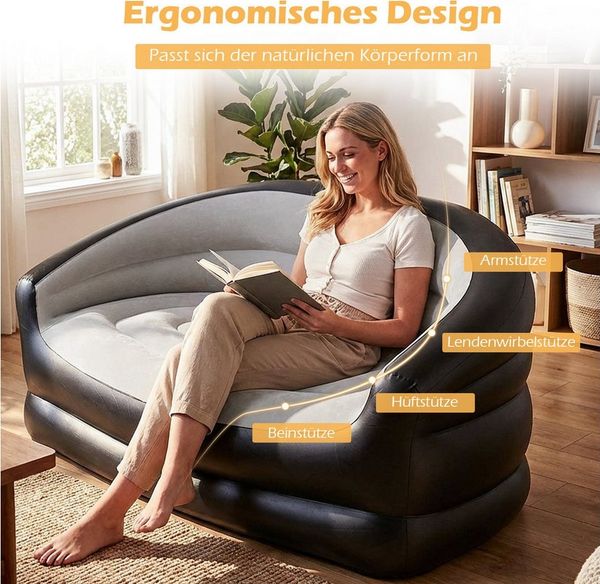 COSTWAY Luftsofa, Aufblasbares 2-Sitzer-Luftsessel mit beflockt-Oberfläche