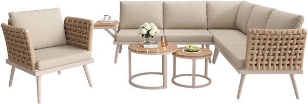 Merax Gartenlounge-Set, 6-Sitzer L-förmiges Gartensofa-Set mit handgeflochtenen Armlehnen, Wetterfeste Eckgarnitur aus Eisen, Inkl. 2 Holz-Couchtische & Sessel, Mit Polstern, Beige Bild 10