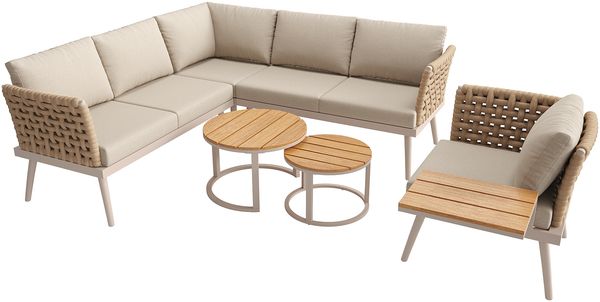 Merax Gartenlounge-Set, 6-Sitzer L-förmiges Gartensofa-Set mit handgeflochtenen Armlehnen, Wetterfeste Eckgarnitur aus Eisen, Inkl. 2 Holz-Couchtische & Sessel, Mit Polstern, Beige Bild 9