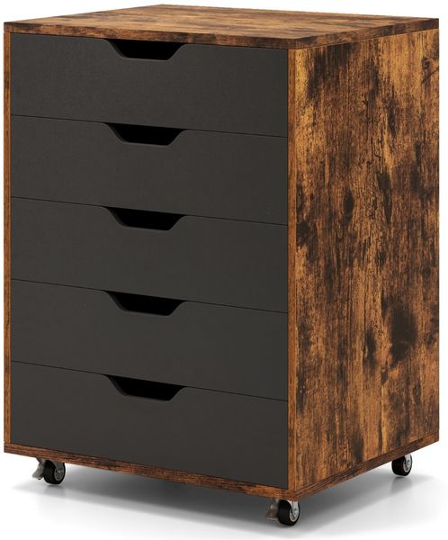 Rollcontainer mit 5 Schubladen Mobiler Aktenschrank mit Rädern Bürocontainer Braun