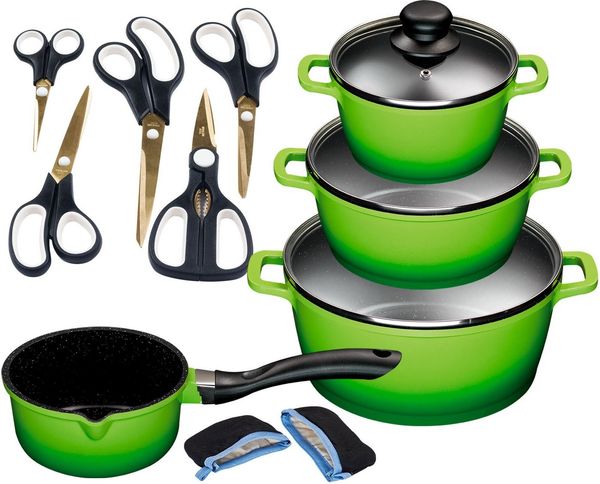 KING Topf-Set ALUGUSS, Aluminiumguss (Set, 14-tlg, je 1 Kochtopf 16/20/24 cm, 1 Stieltopf 16 cm, Scheren-Set, Grips), Glasdeckel,Keramikantihaftbeschichtung,Induktion