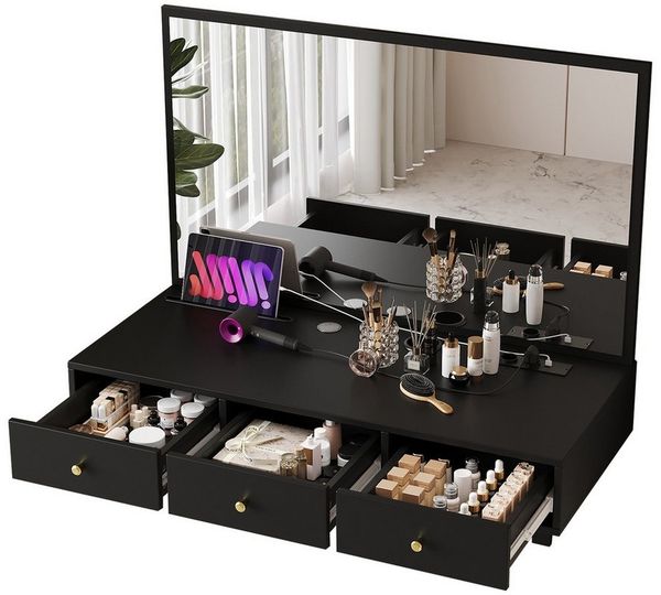 REDOM Schminktisch Platzsparender Hängekommode (mit Spiegel, 3 Schublade und Steckdosen, Getränkehalter, schwarz, 1-St, B100/D45/H105 cm)
