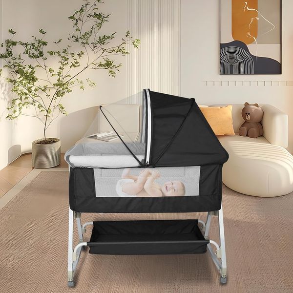 HUOLE 3 in 1 Beistellbett, Reisebett Baby mit Matratze, Babybett 6 Fach höhenverstellbar mit Aufbe, tragbarer Stubenwagen mit Rollen für Baby bis 36 Monaten-92 * 52 * 106-118cm- schwarz