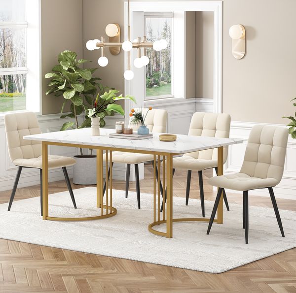Esstisch-Set 140x80x75 cm Weiß mit 4 Samtstühlen, MDF-Tischplatte in Marmor-Optik und Metallgestell