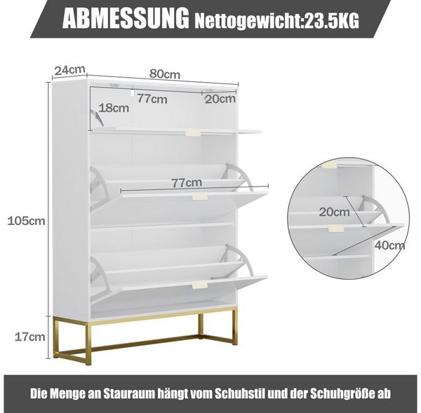 UEV Schuhschrank mit 3 Klappen schmal Schuhablage (Modern Schuhkommode im Flur Diele,80x24x122cm) Platzsparend, mit Kippschutz/Trennwand verstellbar Bild 4