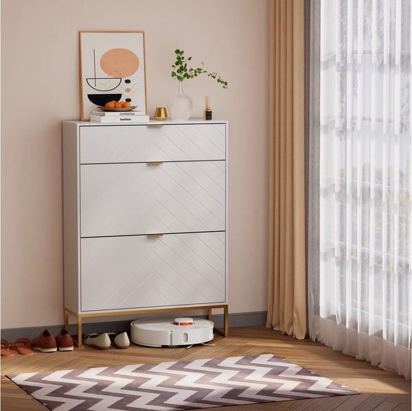 UEV Schuhschrank mit 3 Klappen schmal Schuhablage (Modern Schuhkommode im Flur Diele,80x24x122cm) Platzsparend, mit Kippschutz/Trennwand verstellbar