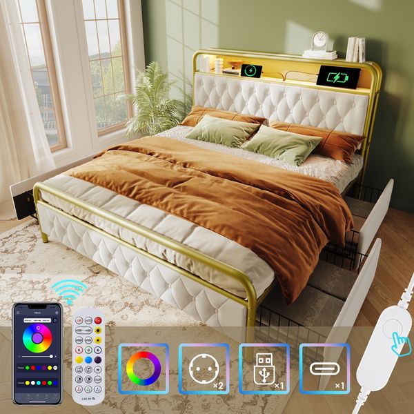 Einzelbett 140x200 cm mit LED-Beleuchtung, Stauraum-Schubladen & Ladefunktion,weißes Samtbett mit Kopfteil und USB/Typ-C/Steckdose