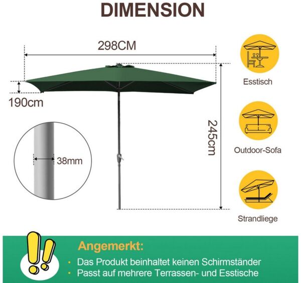 Clanmacy Sonnenschirm Rechteckig Balkonschirm 300x200 cm Sonnenschutz mit kurbel Grün, LxB: 300x200 cm, Stabiler knickbar/für Garten, Balkon, Terasse/Sonnenschutz