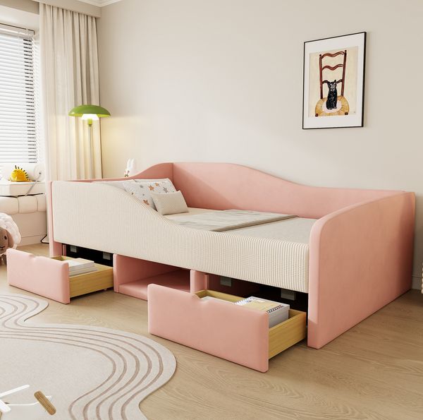 Polsterbett für Kinder mit Stauraum, 90×190 cm, Samt, Rosa+Weiß