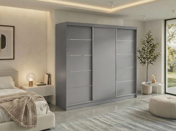 Moderner Schwebetürenschrank MACEDONIA, Kleiderschrank in Grau Color, Breite 240 cm, minimalistisches Design, Inkl. Innenausstattung - mit Schubladen