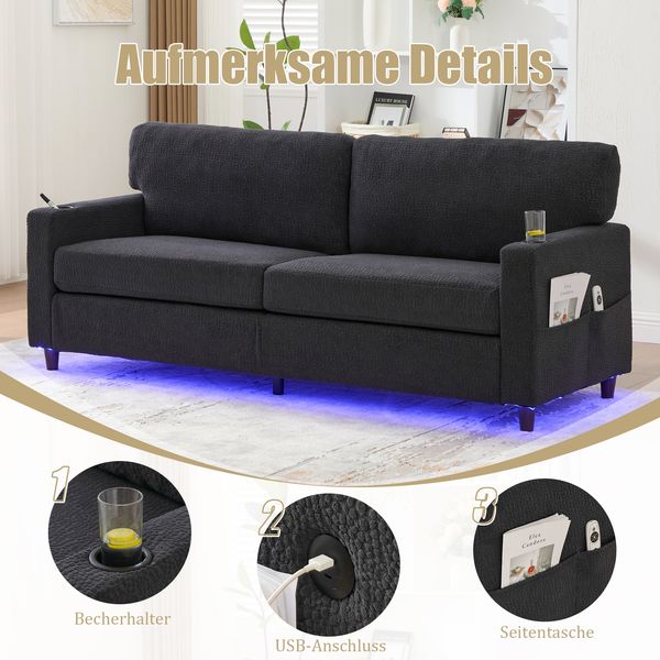 LVHOM 2-Sitzer Sofa mit USB&LED, Zweier Polstersofa Chenille Bezug, Loveseat mit Getränkehaltern, Doppelsofa Stoffsofa Loungesofa, Dunkelgrau Bild 3