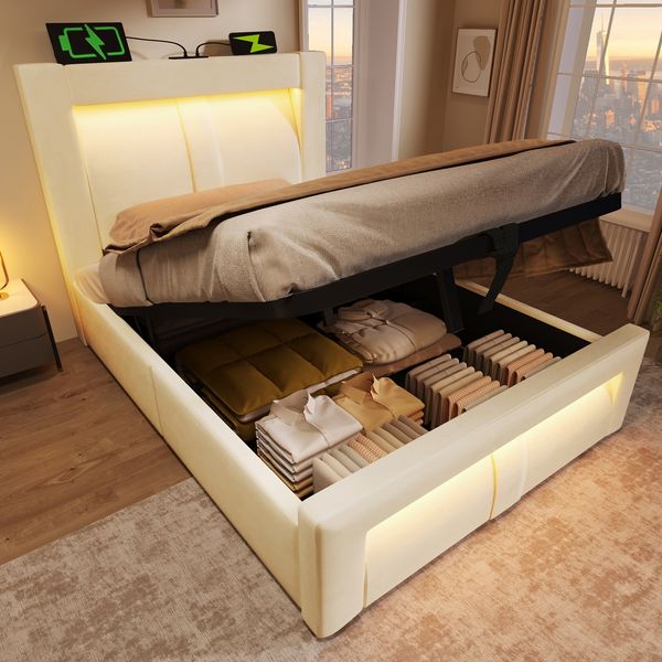 Polsterbett 90x200 cm mit Bettkasten, LED, USB & Type-C, Samt in Beige, ohne Matratze