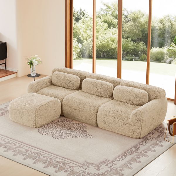 Boneless Cloud Sofa Plüsch, modulare U/L-Form, 32D Schaumstoff, körperumarmend, mit Kissen und Ottoman, kein Aufbau,72h Entfaltung,khaki