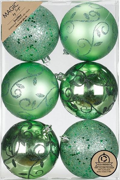 MAGIC by Inge Weihnachtsbaumkugel, Weihnachtskugeln Kunststoff 8cm mit Glitzer 6er Set - Paradise Green